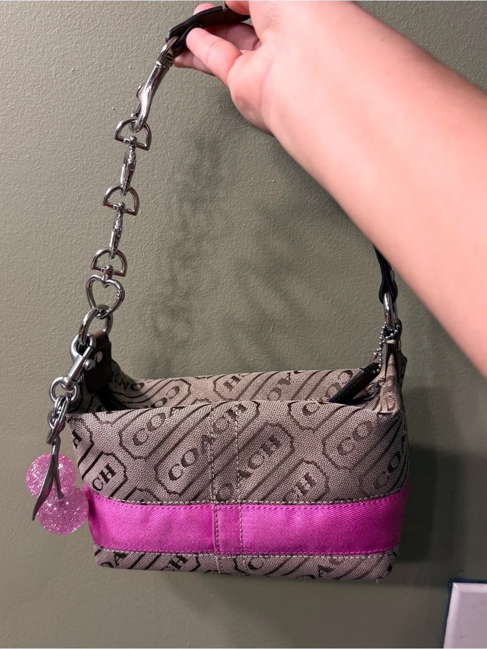 Coach Mini Shoulder Bag in Beige Canvas with Pink Trim
